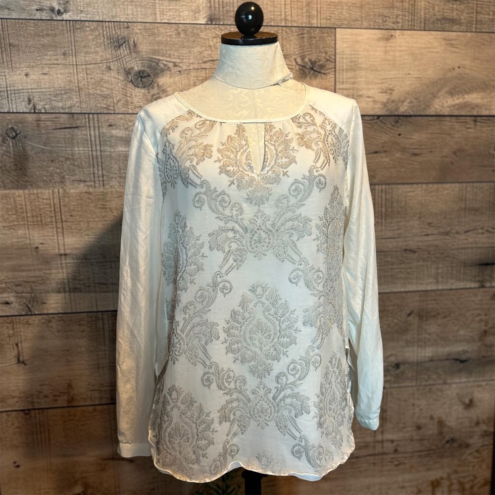 Sundance Silk Blouse Ivory Silver Metallic Damask Embroidered Keyhole Top‎ Sz L
